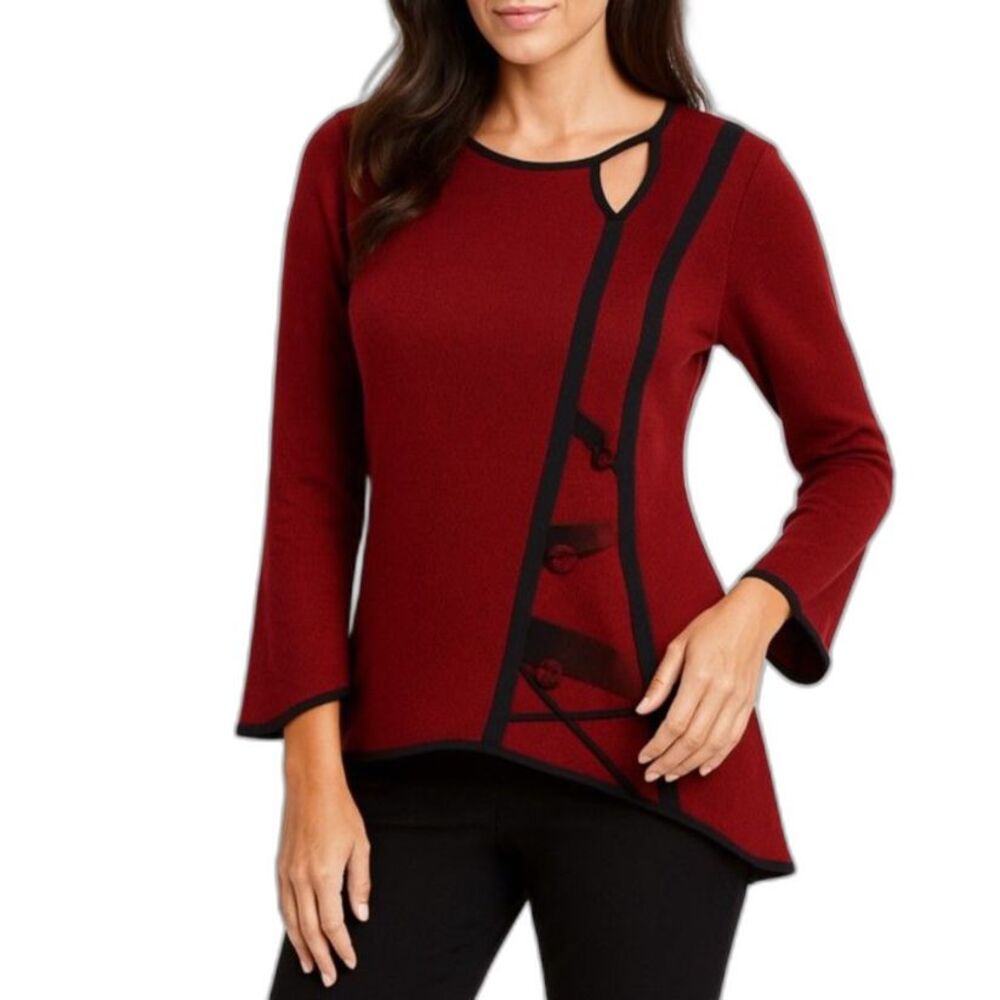 Jaskar Art-To-Wear Women's Red Black Asymmetrical Cut-out Neckline Tunic Top M